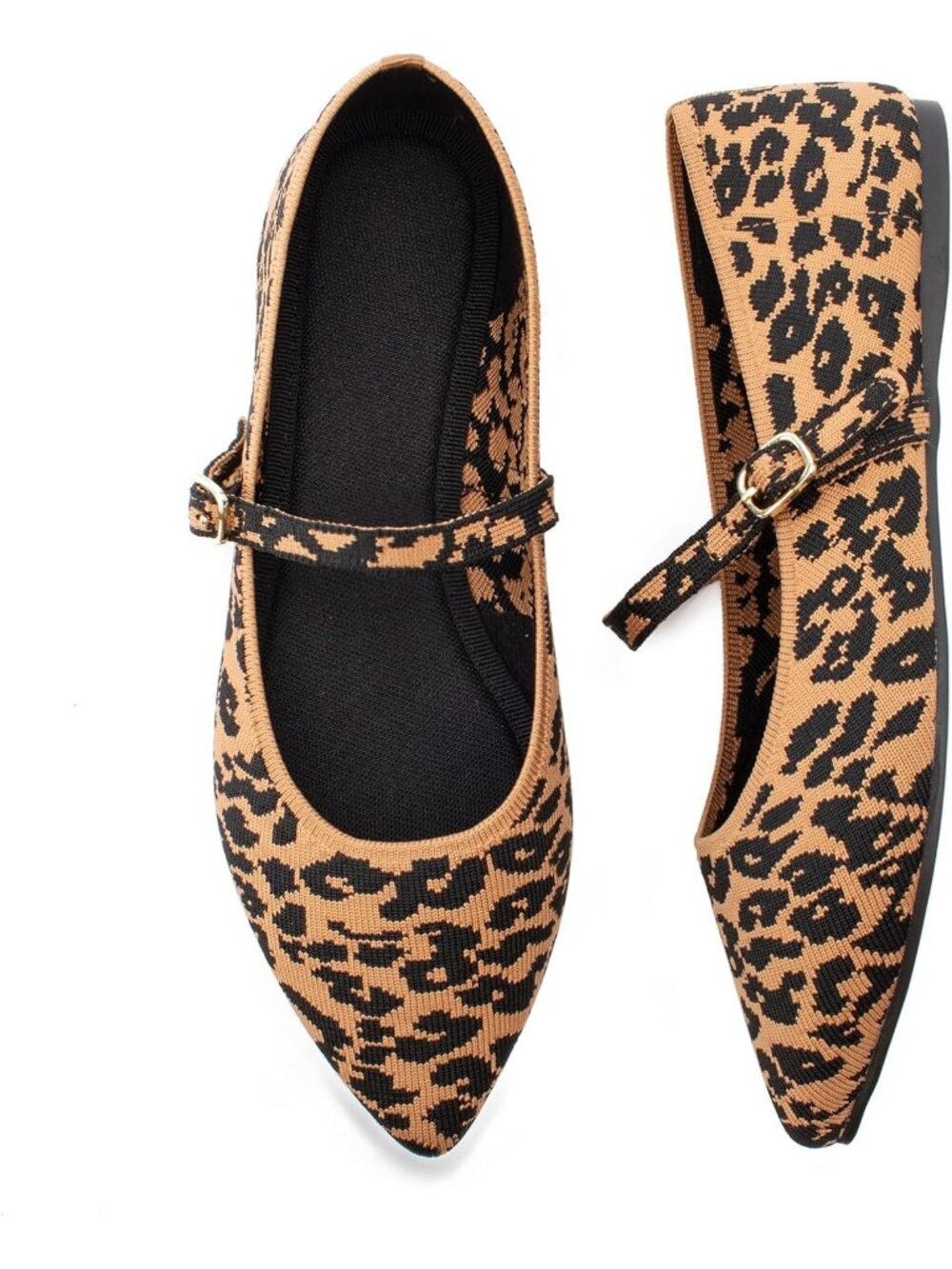 Women's Leopard Comfortable Pointed Toe Adjustable Strap Knit Ballet Flat Shoes
